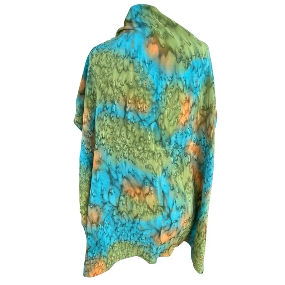 Vintage BYL 100% Silk Watercolor Scarf Hand Rolled Edges 31” x 34.5” Blue Green